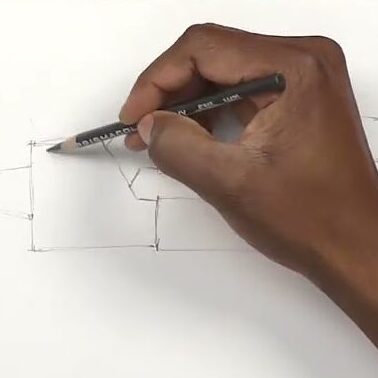 dark skinned hands drawing on a white sheet of paper with a compass above